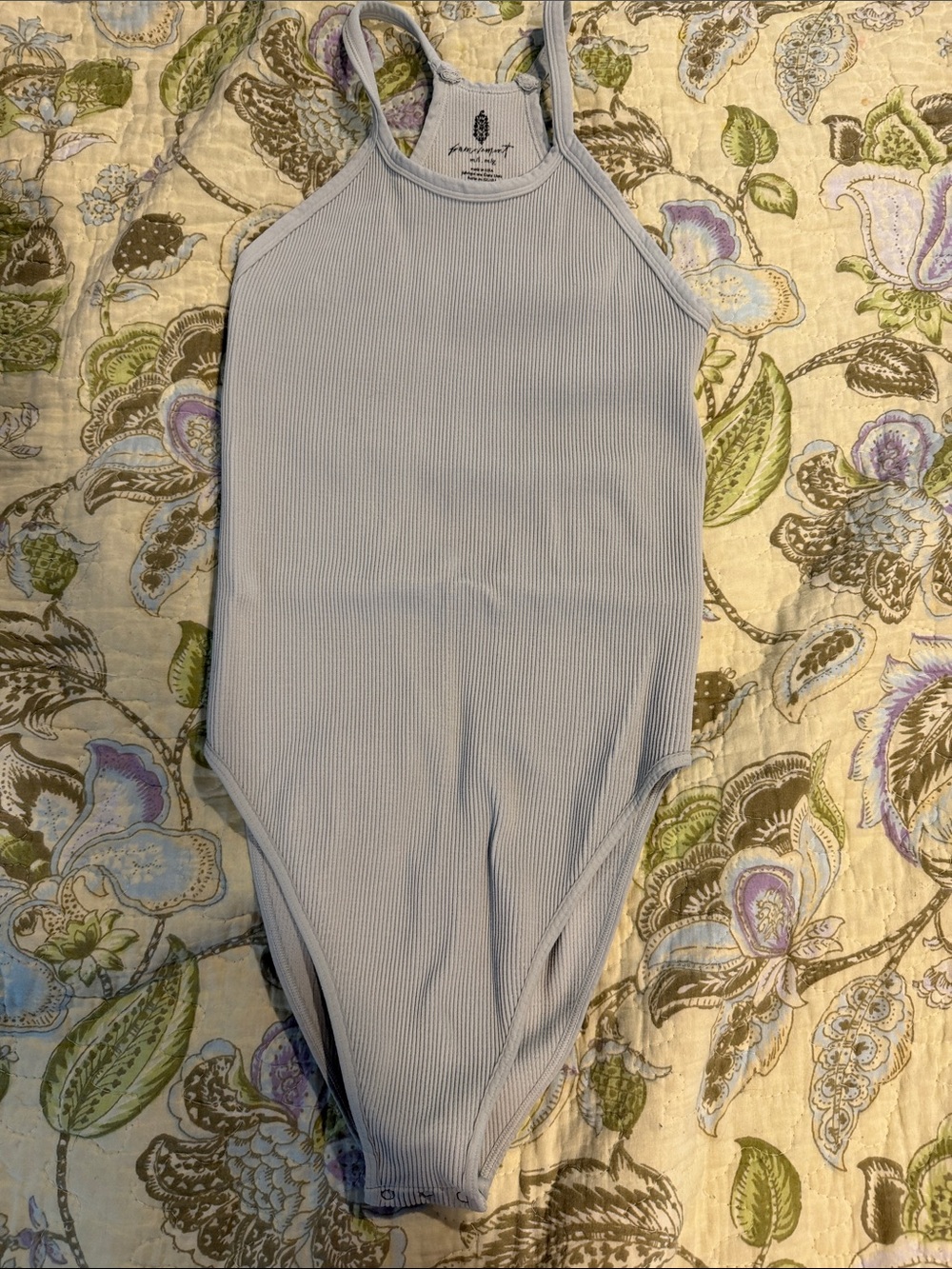 Free Movement  Ribbed High-Neck Bodysuit in Light Blue/Gray